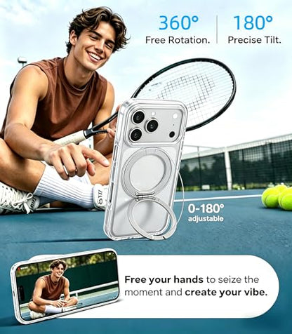 for iPhone 17 Case Clear Magnetic Phone Cases with 360°Stand,[Fit for MagSafe] Acrylic Transparent Case,Anti-Yellowing Rugged Shockproof Protective Cell Cover,6.3" Silver - color: Silver