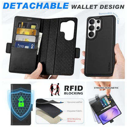 SHIELDON Detachable Leather Wallet Case for Galaxy S26 Ultra 6.9", Black | Genuine Leather, RFID Blocking, Credit Card Holder, Magnetic Closure, Kickstand, 2 in 1 Folio Design, Full Protection Cover - color: Black