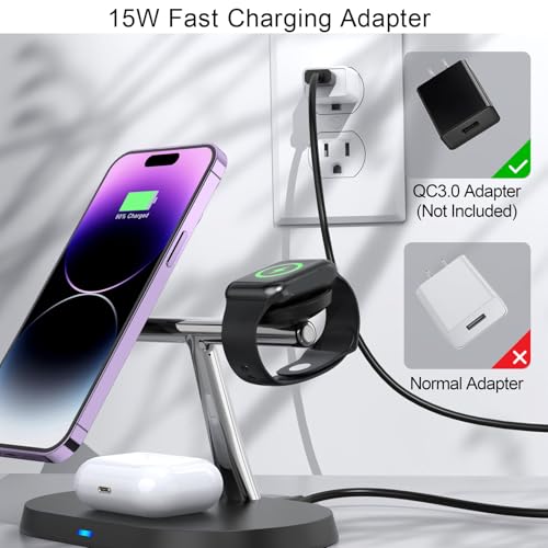 Qinlorgo 3 in 1 Wireless Charging Station, Wireless Magnetic Fast Phone Charger for Watch & Earbuds, Fast Charger Stand Compatible with iOS &