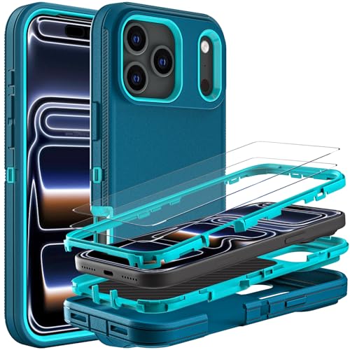 YKHJKLEC for iPhone 17 Pro Case, Military Grade 3 in 1 Heavy Duty Shockproof/Drop Proof/Dust Proof Case with 2Pcs Tempered Glass Screen Protector (Blue/Turquoise) - color: Blue/Turquoise