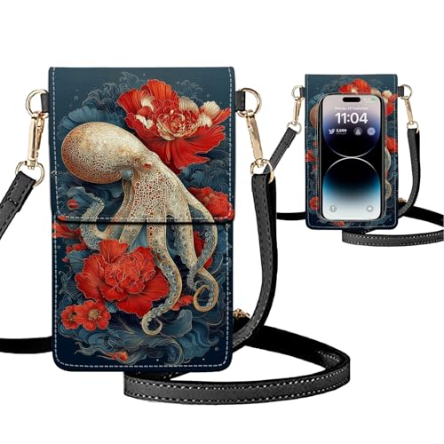Small Crossbody Bags for Women Touchscreen Cell Phone Bag Cross Body Purses with adjustable Strap,Gifts For Teenage Girls - color: Red Flower & Squid
