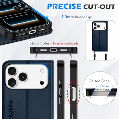 SHIELDON Genuine Leather Wallet Case for iPhone 17 Pro Max 6.9", Navy Blue | Magnetic Closure, RFID Blocking, Credit Card Holder, Viewing Stand, Foldable Design, Shockproof Protective Cover - color: Navy Blue