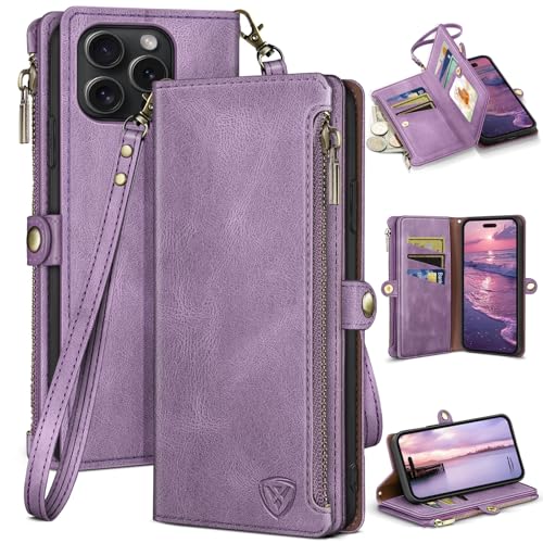XcaseBar compatible with iPhone 16 Pro 6.3"Wallet case with Zipper Credit Card Holder【RFID Blocking】,Flip Folio Book PU Leather Phone case Shockproof Cover Women Men for Apple 16 Pro case Lilac Purple - color: Lilac Purple