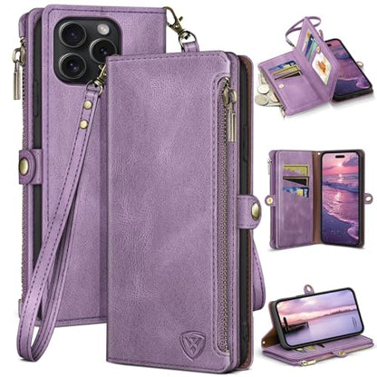 XcaseBar compatible with iPhone 16 Pro 6.3"Wallet case with Zipper Credit Card Holder【RFID Blocking】,Flip Folio Book PU Leather Phone case Shockproof Cover Women Men for Apple 16 Pro case Lilac Purple - color: Lilac Purple
