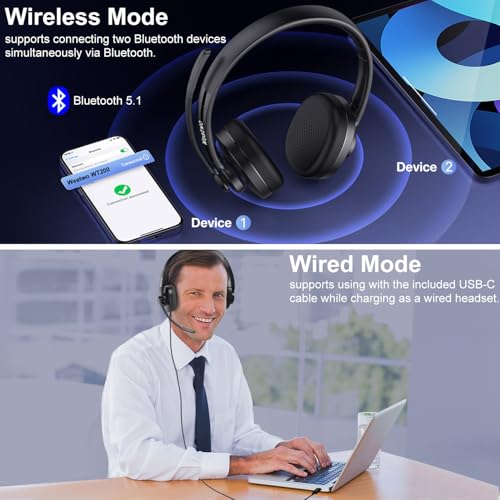 Wireless Bluetooth Headset with CVC8.0 Noise-Cancelling Mic for Work