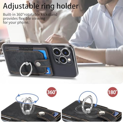 Card Holder Phone Wallet, Ring Stand Stick on Phone Wallet Black - color: Black