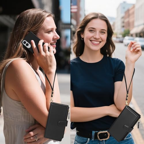 Magnetic Case for Samsung Galaxy S25 Edge Wallet Compatible with Magsafe RFID Blocking Card Holder Detachable Phone Cover Kickstand Snap Strap Zipper Pocket PU Leather (Black) - color: Black, size: Galaxy S25 Edge