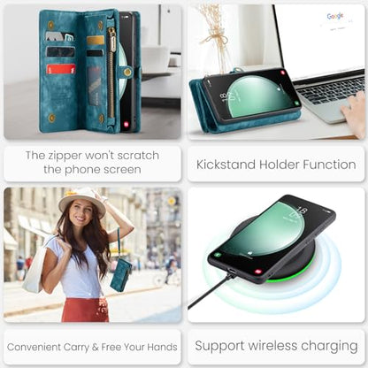 Samsung Galaxy S23 FE Wallet Case,Zipper Folio Leather Case Wallet with Card Holder Strap Wristlet Detachable Magnetic Protective Back Case for Samsung Galaxy S23 FE 5G 6.4 Inch(Blue) - color: Blue, size: S23 FE 5G 6.4 Inch
