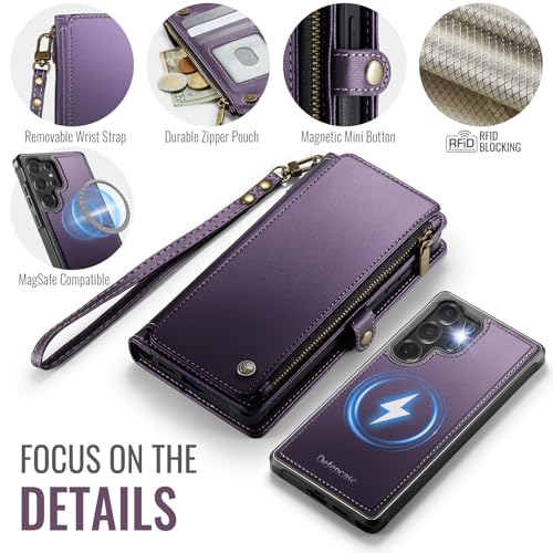 Defencase for Galaxy S25 Ultra Case Wallet Compatible with Magsafe, Purple | Magnetic Detachable, RFID Bolcking Card Holder, Zipper Strap, PU Leather Drop-Proof Phone Cover for Samsung Galaxy S25 Ultra - color: (Detachable with Magsafe)-Purple