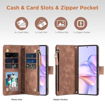 for Samsung Galaxy S26-Wallet Case: with RFID Blocking Card Slots (6 Cards) | Soft PU Leather Magnetic Snap Zipper Pocket | Crossbody Wrist Strap Protective Phone Cover - Brown - color: A Brown, size: Galaxy S26（6.3‘’）