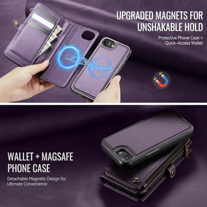 Defencase for iPhone 17e/16e Case Wallet Compatible with Magsafe, Purple | Drop-Proof Magnetic Detachable Phone Cases Cover, with RFID Bolcking Card Holder, Zipper Strap, PU Leather, Removable Wallet - color: (Detachable with Magsafe)-Purple