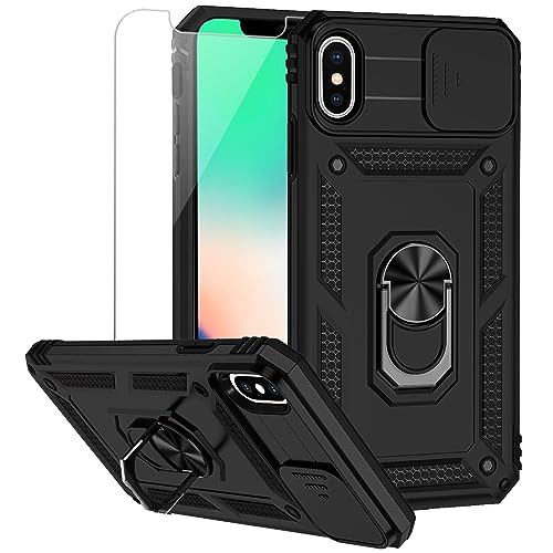 for iPhone Xs Max Case with Camera Lens Cover HD Screen Protector, Dual Layer Military Grade Drop Protection Magnetic Ring Holder Kickstand Protective Phone Case for iPhone Xs Max 6.5 inch (Black) - color: Black with camera cover Military-Grade 2nd gen