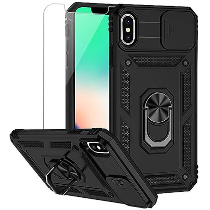 for iPhone Xs Max Case with Camera Lens Cover HD Screen Protector, Dual Layer Military Grade Drop Protection Magnetic Ring Holder Kickstand Protective Phone Case for iPhone Xs Max 6.5 inch (Black) - color: Black with camera cover Military-Grade 2nd gen