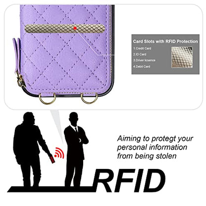 Bocasal Crossbody Wallet Case Card Holder for iPhone 13, Purple | RFID Blocking PU Leather Zipper Handbag Purse, Kickstand Flip Folio Case with Card Slots Holder Wrist Strap Lanyard 6.1 Inch - color: Purple