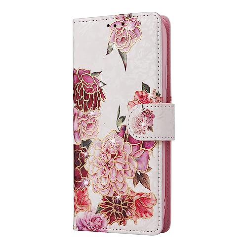 UEEBAI Wallet Case for iPhone 13, PU Leather Phone Cover Kickstand RFID Blocking Flip Case Card Slots Wrist Strap Relief Engraved Pattern Magnetic Closure Flower Folio Wallet, White Flower - color: White Flower, size: iPhone 13