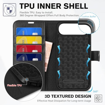 TUCCH Wallet Case for iPhone Air (6.5") 2025, 4 Card Holders, Black | RFID Blocking, Viewing Stand, Shockproof TPU Shell, PU Leather, Magnetic Closure, Protective Folio Flip Cover - color: Black
