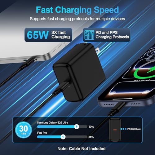 65W Foldable Super Fast Samsung Charger USB C Power Adapter Fast Charging - color: Black