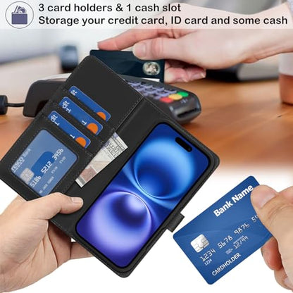 Ｈａｖａｙａ for iPhone 16 Case Detachable Wallet Case with Card Holder，2 in 1 Pu Leather Flip Folio Credit Card Slots Stand Compatible Magsafe Magnetic Shockproof Phone Cover (6.1")-Black - color: Black-Detachable