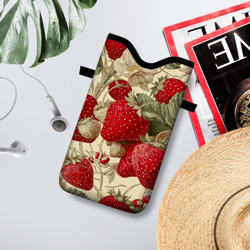Neoprene Cell Phone Sleeve Pouch Case Bag with Crossbody Strap Neck Lanyard for Women 7.1 X 3.9 in Green Leaf Strawberry - color: Green Leaf Strawberry