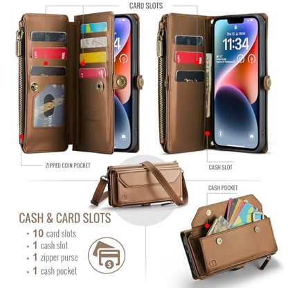 Strapurs Wallet Case Compatible with iPhone 14 Plus RFID Blocking 10-Card Holder Soft PU Leather Magnetic Snap Shoulder Strap Zipper Pocket Phone Case Fit for iPhone 14 Plus 6.7" - Brown | RFID Blocking 10-Card Holder, Shoulder Lanyard, Wirst Strap, Zippe