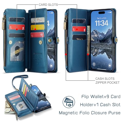 Defencase for iPhone 17 Wallet Case with RFID Blocking Card Holder, Blue | Durable Soft PU Leather, with Zipper Pocket, Wrist Strap, Fashion Snap Flip Phone Cases Cover with Stand for Women and Men - color: Dark Blue