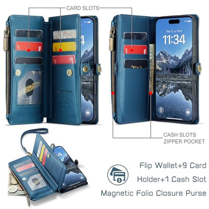Defencase for iPhone 17 Wallet Case with RFID Blocking Card Holder, Blue | Durable Soft PU Leather, with Zipper Pocket, Wrist Strap, Fashion Snap Flip Phone Cases Cover with Stand for Women and Men - color: Dark Blue