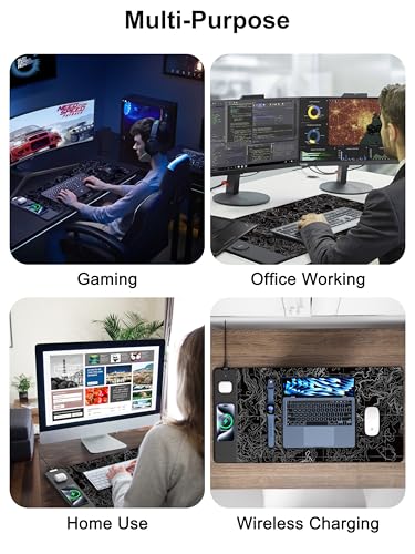 Mouse Pad with Wireless Charging, Large Desk Mat, Black Topographic Map #3 - color: Black Topographic Map #3