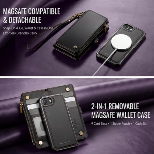 Defencase for iPhone 17e/16e Case Wallet Compatible with Magsafe, Black | Drop-Proof Magnetic Detachable Phone Cases Cover, with RFID Bolcking Card Holder, Zipper Strap, PU Leather, Removable Wallet - color: (Detachable with Magsafe)-Black