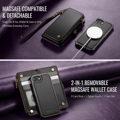 Defencase for iPhone 17e/16e Case Wallet Compatible with Magsafe, Black | Drop-Proof Magnetic Detachable Phone Cases Cover, with RFID Bolcking Card Holder, Zipper Strap, PU Leather, Removable Wallet - color: (Detachable with Magsafe)-Black