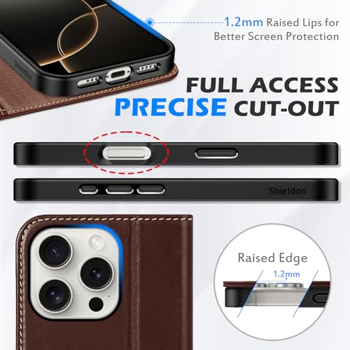 SHIELDON Real Leather Case Wallet for iPhone 16 Pro 6.3" 2024, Retro Coffee | Magnetic Closure, RFID Blocking, Credit Card Slot, Kickstand, Flip Book Design, Soft Shockproof Phone Cover - color: Retro Coffee
