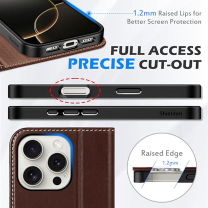 SHIELDON Real Leather Case Wallet for iPhone 16 Pro 6.3" 2024, Retro Coffee | Magnetic Closure, RFID Blocking, Credit Card Slot, Kickstand, Flip Book Design, Soft Shockproof Phone Cover - color: Retro Coffee
