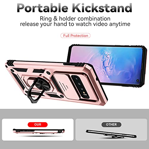 for Samsung Galaxy S10 Plus Case with Camera Lens Cover HD Screen Protector, Military-Grade Drop Tested Magnetic Ring Holder Kickstand Protective Phone Case for Samsung Galaxy S10+ Plus (Rose Gold) - color: Rose Gold with camera cover Military-Grade 2nd g