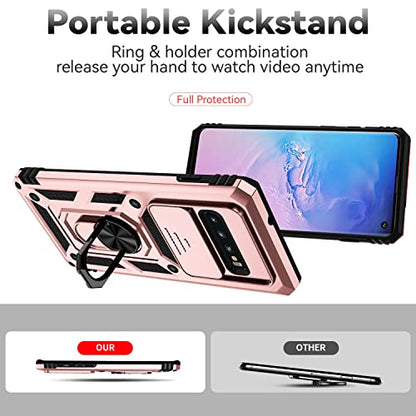 for Samsung Galaxy S10 Plus Case with Camera Lens Cover HD Screen Protector, Military-Grade Drop Tested Magnetic Ring Holder Kickstand Protective Phone Case for Samsung Galaxy S10+ Plus (Rose Gold) - color: Rose Gold with camera cover Military-Grade 2nd g