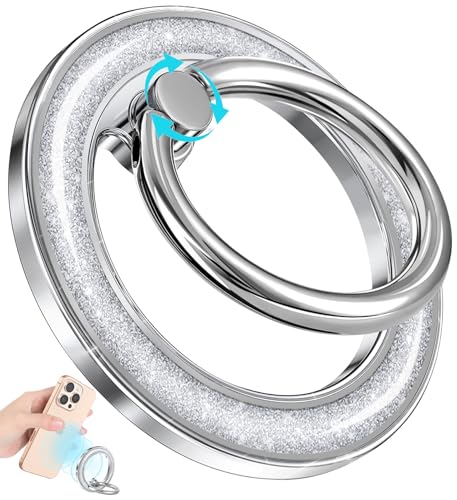 Phone Ring Holder Compatible with MagSafe - Magnetic Cell Phone Grip Women Glitter Magnet Removable Finger Ring Grip Stand Cute Girly Sparkly for iPhone 17 16 15 14 13 Pro Max Plus Air, Silver