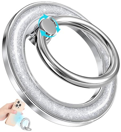 Phone Ring Holder Compatible with MagSafe - Magnetic Cell Phone Grip Women Glitter Magnet Removable Finger Ring Grip Stand Cute Girly Sparkly for iPhone 17 16 15 14 13 Pro Max Plus Air, Silver
