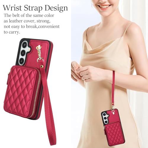 Asuwish Phone Case for Samsung Galaxy S25 5G Wallet Cell Cover with Tempered Glass Screen Protector Wrist Crossbody Strap RFID Blocking Credit Card Holder Slot S 25 25S 25 25S SM-S931U Women Girls Red - color: Red