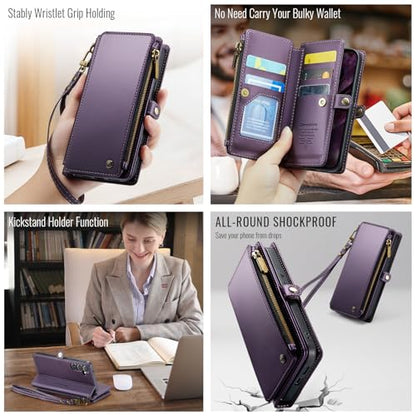 Defencase for Samsung Galaxy S25 Wallet Case with RFID Card Holder, Purple | Durable Soft PU Leather, with Zipper Pocket, Wrist Strap, Fashion Snap Flip S25 Phone Cases Cover with Stand for Women Men - color: Aesthetic Purple