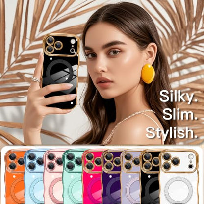 tharlet for iPhone 17 Pro Max Case Black with 360° Spin Magnetic Stand | Cute Luxury Plating Gold Curly Wave Edge, [Compatible with Magsafe] Full Camera Lens Protection ,Women Girl daily matching - color: Black Curly Edge, size: iPhone 17 Pro Max