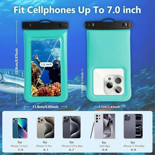 Floatable Soap Bubble Waterproof Phone Pouch/Case with Crossbody Lanyard for iPhone 17 series 16 Pro Max/15 Pro/14/13/12, IP68 Cellphone Dry Bag Beach Cruise Ship Essentials, 1 Pack-Green-7″ - color: D1-Green