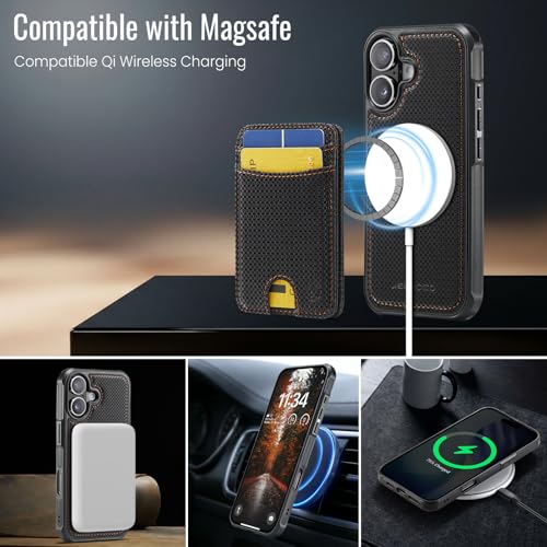 WJX for iPhone 16 MagSafe Wallet Case, 2-in-1 Detachable Luxury Card Holder, Universal MagSafe Compatible, RFID Blocking, Shockproof Kickstand Slim Cover， Carbon Fiber - color: Carbon Fiber, size: iPone 16