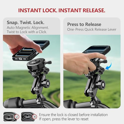 Motorcycle Phone Mount with Vibration Dampener Anti-theft 0.87''-1.26'' Handlebar Phone Mount for iPhone 17 Pro Max Aluminum Alloy Handlebar Mount High-Speed Secure Lock