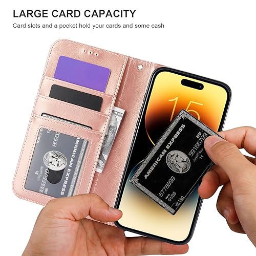 Bocasal Detachable Wallet Case Card Holder for iPhone 15 Pro Max Rose Gold | RFID Blocking Kickstand Card Slots Holder PU Leather Magnetic Shockproof Wrist Strap Removable Flip Protective Cover 6.7 inch - color: Rose Gold