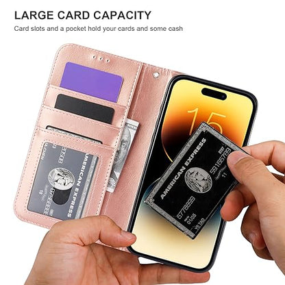 Bocasal Detachable Wallet Case Card Holder for iPhone 15 Pro Max Rose Gold | RFID Blocking Kickstand Card Slots Holder PU Leather Magnetic Shockproof Wrist Strap Removable Flip Protective Cover 6.7 inch - color: Rose Gold
