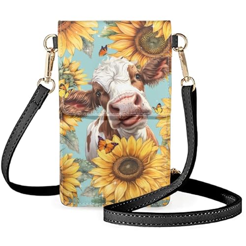 WELLFLYHOM Mini Touchscreen Crossbody Phone Bags for Women with Card Slots Shoulder Bag Purse Leather - color: 1 Sunflower Cow