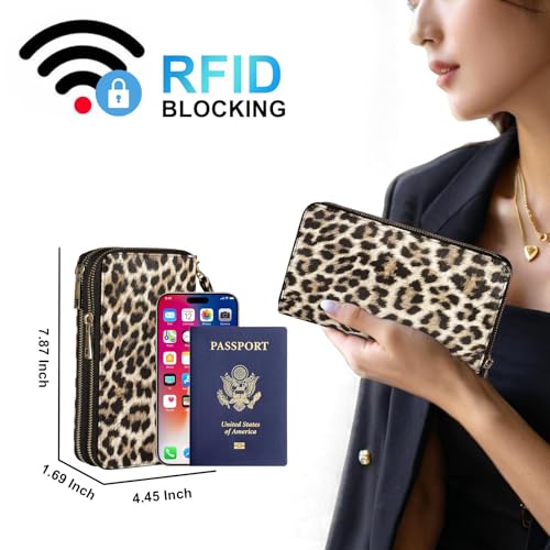 RFID Blocking Cellphone Wallet for Women with Removable Strap, Double Zipper Wristlet Bag Large Capacity, Passport Travel Clutch Purse, Leopard - color: Leopard Light Brown
