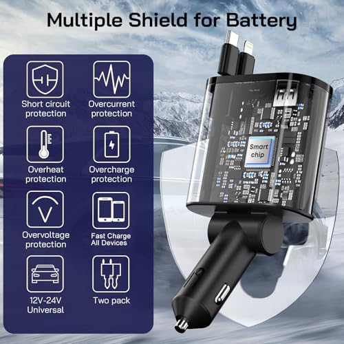 [2 Pack] Retractable Car Charger, 4 in 1 Fast Car Phone Charger Adapter 69W - size: 2 Pack C + L Retractable Cords