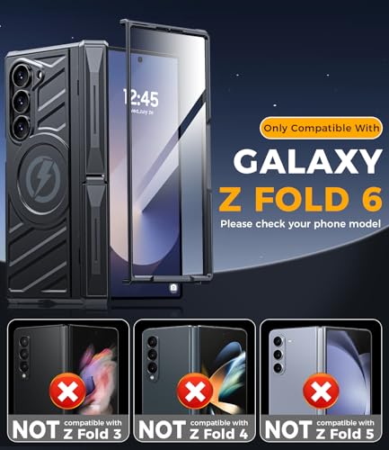 Magnetic for Galaxy Z-Fold-6 Case: Heavy Duty Armor Phone Case [Compatible with MagSafe][Hinge Protection][Dual Kickstand] Shockproof TPU+PC Cover for zfold 6 5G 2024 Black - color: Black