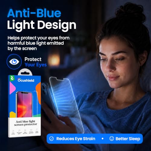 Ocushield Anti Blue Light Tempered Glass Screen Protector of iPhone 12 & iPhone 12 Pro (6.1") – Blocks Blue Light, Prevents Eye Strain & Helps You Sleep Better, 9H Hardness & Case Friendly | Fits 6.1 inch display. 9H tempered glass blocks UV & blue light.