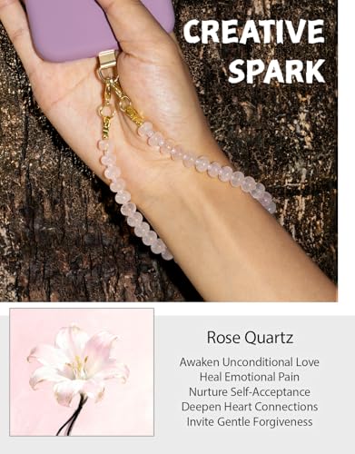 CH.yishi Beaded Phone Charm Wrist Strap with Tether Tab,Camera Lanyard - color: Rose Quartz