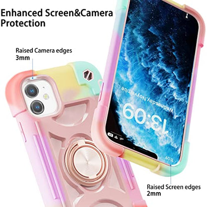 MARKILL Compatible with iPhone 11 Case 6.1 Inch with 360°Rotate Ring Stand, Military Grade Drop Protection Full Body Rugged Heavy Duty Case 3 in 1 Protective Cover - color: Rainbow Pink, size: iPhone 11 6.1"